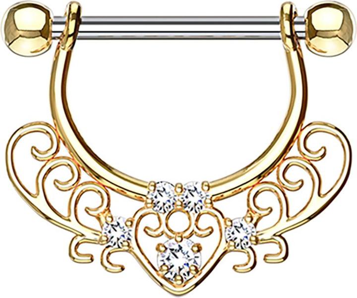 Produktbild Star Piercing Barbell 14k vergoldet mit filigranen Herzmuster und Kristall (Chirurgenstahl 316L, Messing)