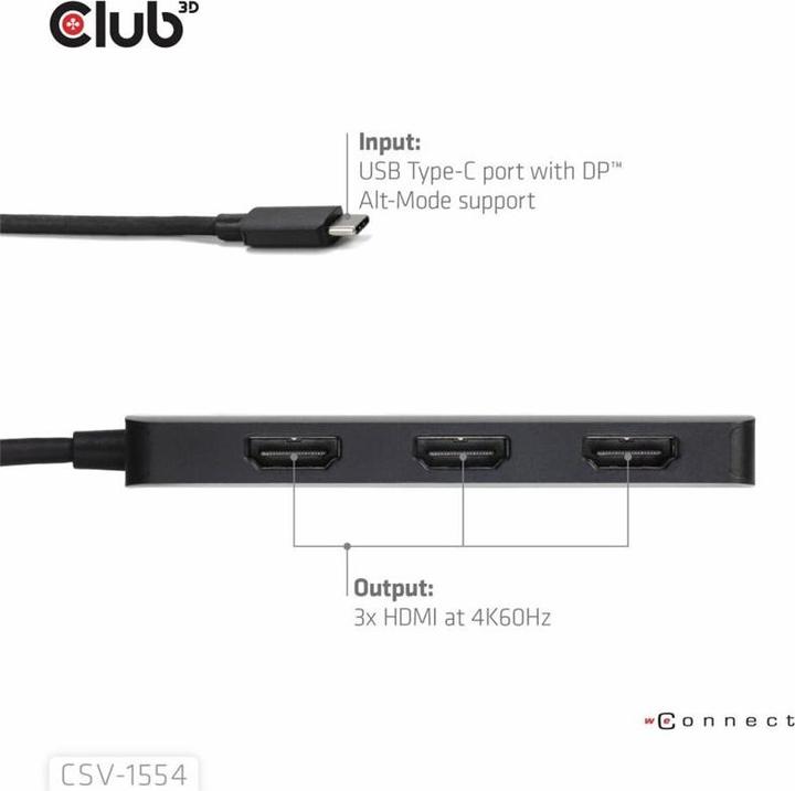 Actual product image Club 3D Club3D MST hub USB 3.2 Type C > 3x HDMI 4K60Hz St/Bu retail (USB-C, 3 Ports)