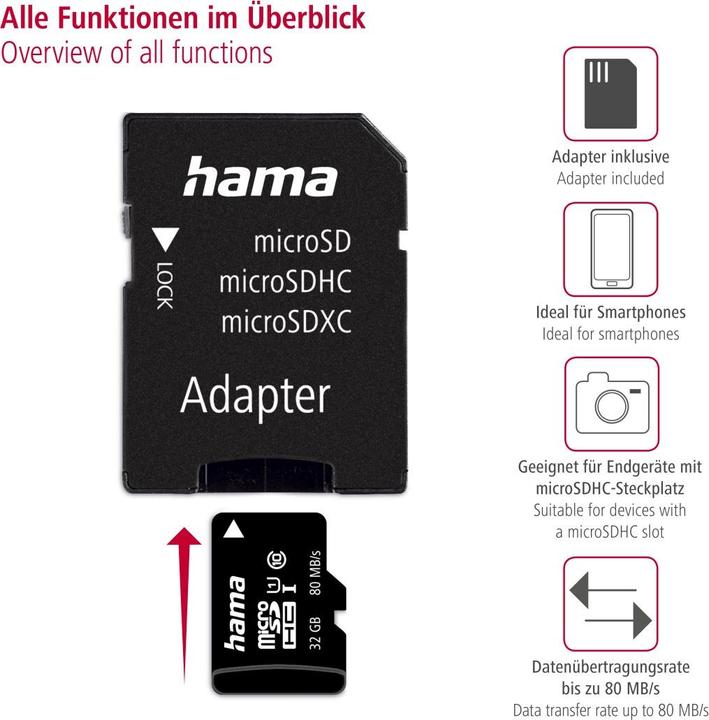 Image du produit Hama microSDHC 32GB + adaptateur/mobile (32 Go, microSDHC, U1, UHS-I)