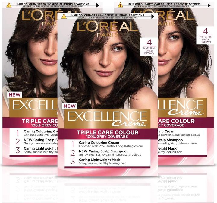 Produktbild L'Oréal Paris Excellence Haarfarbe, Dunkelbraun, 3er Pack (4 Dunkelbraun)