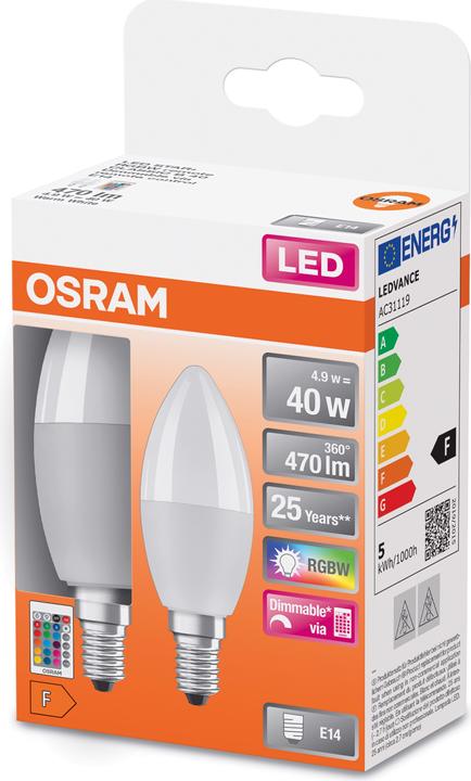 Immagine prodotto Osram LED STAR+ CLB RGBWFR 40 DIM via rem. con 5,5W/827 E14 470LM 2er BOX (E14, 4.90 W, 470 lm, 2 x, F)
