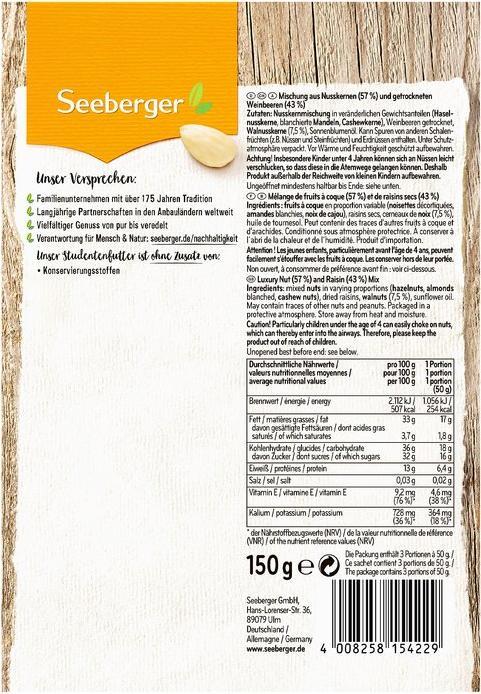 Nutritional values and ingredients Seeberger Student food (150 g)