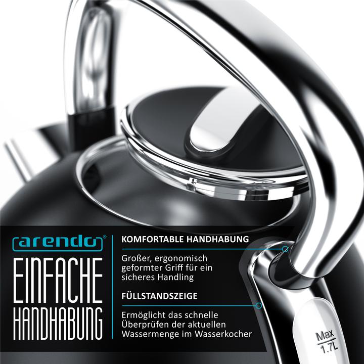 Produktbild Arendo Wasserkocher 1,7 l, 2200 W, Edelstahl Retro Style Vintage, Überhitzung & Trockenkochschutz, schwarz (1.70 l)