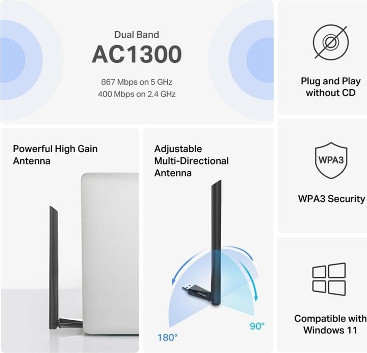 Immagine prodotto Mercusys Adattatore USB Wi-Fi ad alto guadagno TP-LINK MA30H AC1300 (USB)