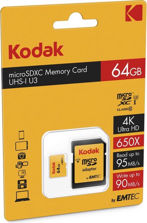 Immagine prodotto Kodak SD MICRO 64GB CL10 UHS-I U3 V30 A1 ULTRA CON ADATTATORE (64 GB, microSD, U3, UHS-I)