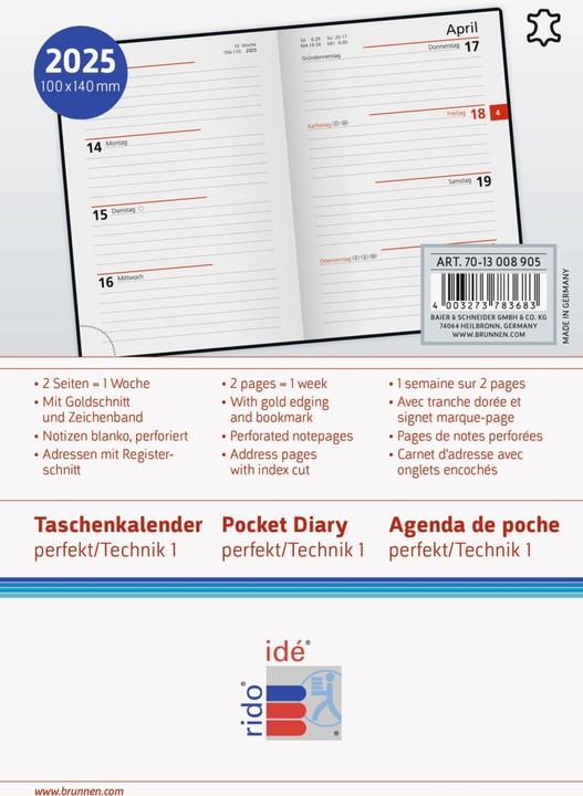 Nährwerte und Zutaten Rido Taschenkalender Perfect/Technik I 10x14cm 1 Woche/2 Seiten Leder schwarz 2025 (10 x 14 cm)