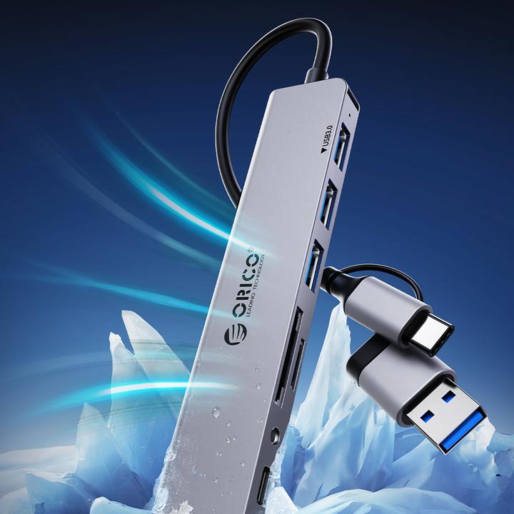 Produktbild Orico Converter YSA2-U3 USB-A/USB-C Hub Docking Station 1x USB-A 3.0 + 6x USB-A 2.0 - Gray (USB-A, USB-C, 7 Ports)
