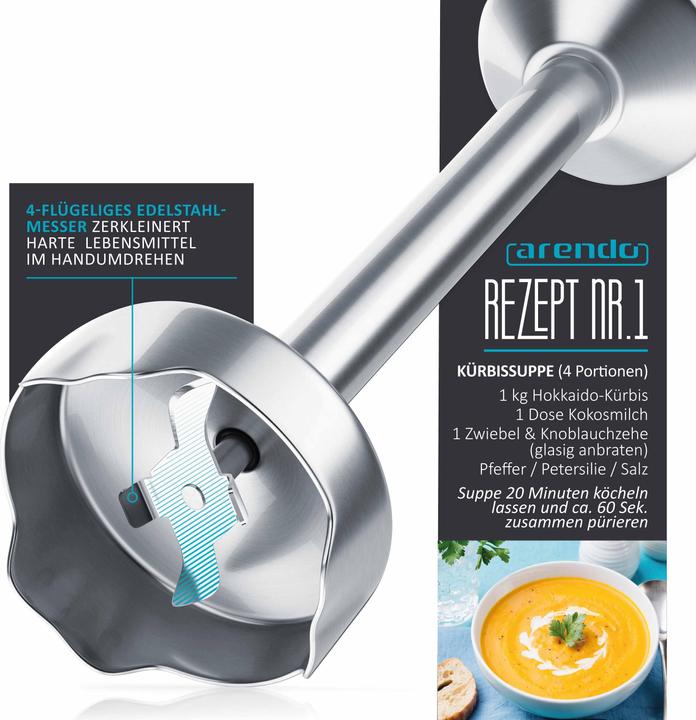 Produktbild Arendo Stabmixer 1000W Grau, Edelstahl Pürierstab DC Motor, stufenlose Geschwindigkeitsregelung, Turbotaste