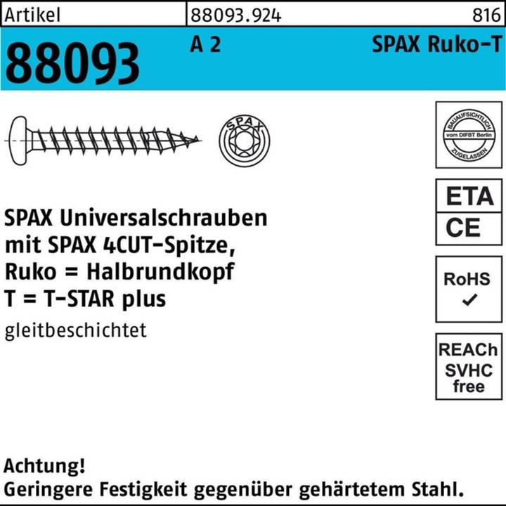 Energy Label Spax Screw R 88093 Ruko w.tip/T-STAR VG 4 x 45/40-T20 A 2 (200 Screws per piece)
