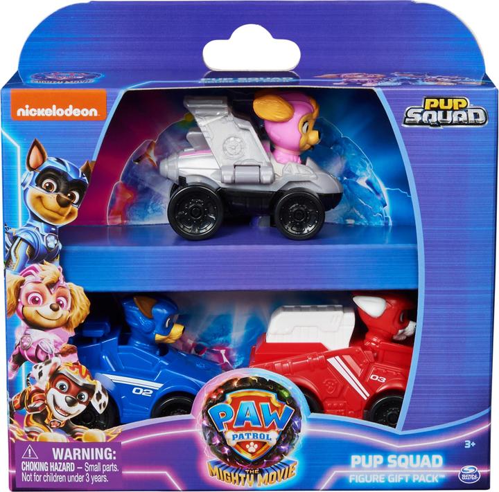 Spin Master PAW Patrol: Il super film, Pup Squad Gift Pack con 3 veicoli, con auto giocattolo di Chase, Skye e M