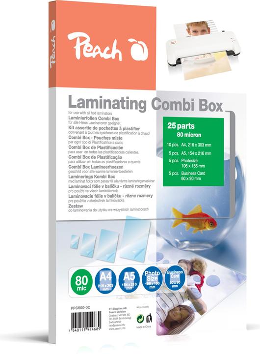 Image du produit Peach Boîte combinée de laminage (A4, 25 pièce(s), 80 µm)