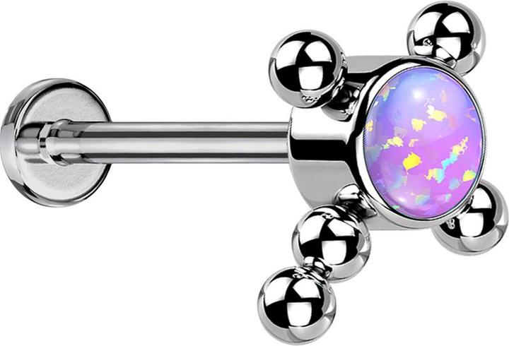Star Piercing Micro Threadless Labret silber Kreuz Kugeln Opal violett (Titan G23, ohne Messing)