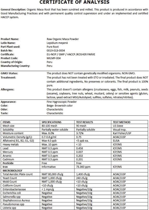 Nutritional values and ingredients Zimmerli Adaptogene Maca Capsules (BIO) 50 Capsules (1 Piece, Capsules, 25 g)