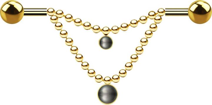 Image du produit Star Piercing Barbell plaqué or deux boules deux chaînes perle noire (Acier chirurgical 316L)