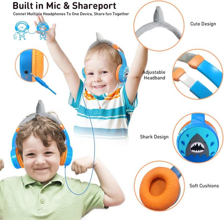 Image du produit PhoneLook Casque cool sans fil Bluetooth 5.3 pour enfants avec volume atténué 85dB et design amusant Shark