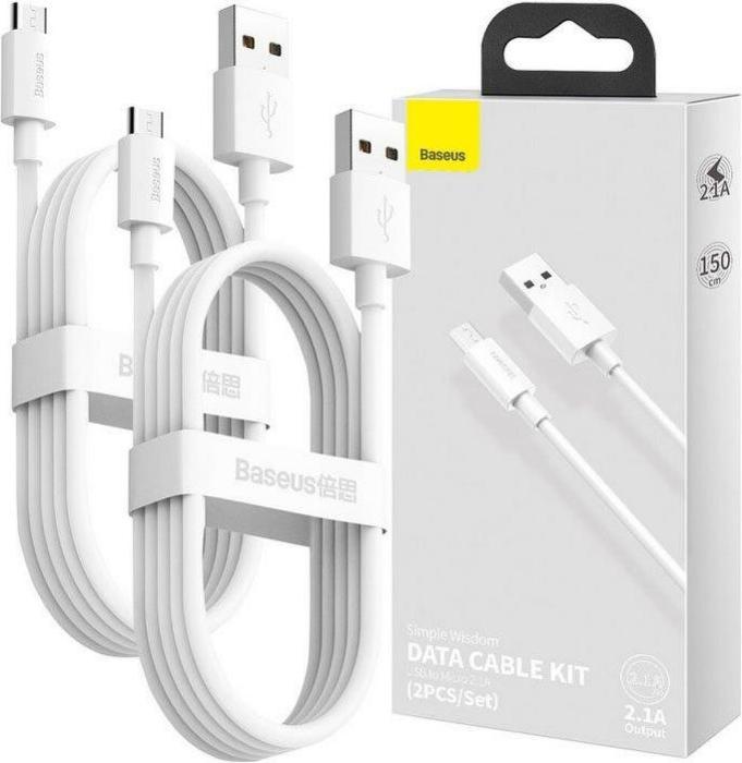 Actual product image Baseus Simple Wisdom Data Cable Kit USB to Micro 2.1A (2PCS/Set) 1.5m White (1.50 m)