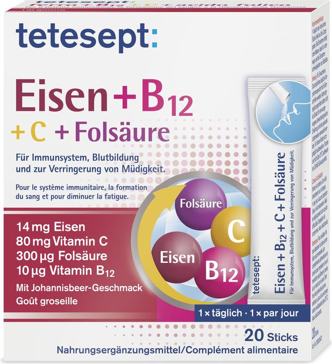 Tetesept Eisen + B12 Direktstick (20 Stück, Pulver, 67 g)