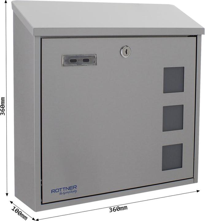 Productafbeelding Rottner brievenbus Muro INOX roestvrij staal cilinderslot 2 sleutels Naamplaathouder Venster