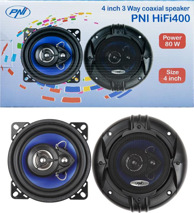 Immagine prodotto PNI Altoparlante coassiale per auto HiFi400, 80 W, 4 Ohm, 10 cm, 3 vie, diametro nucleo iniezione (10 cm)
