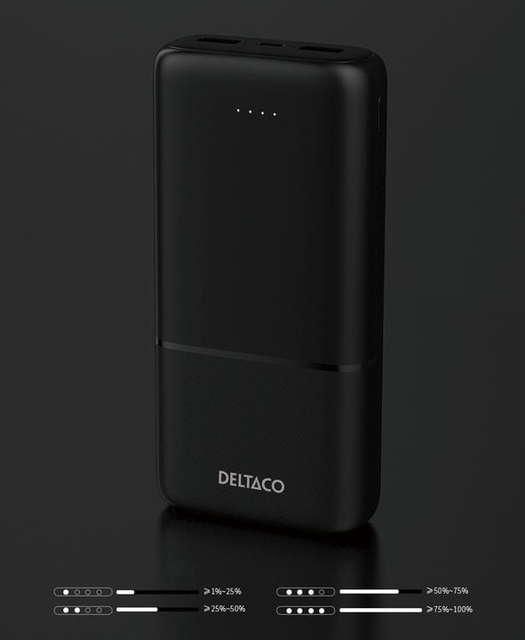Actual product image Deltaco Powerbank 10,000 mAh, 2x USB-A 18 W, 1x USB-C PD 20 W - Black (10000 mAh, 20 W, 37 Wh)