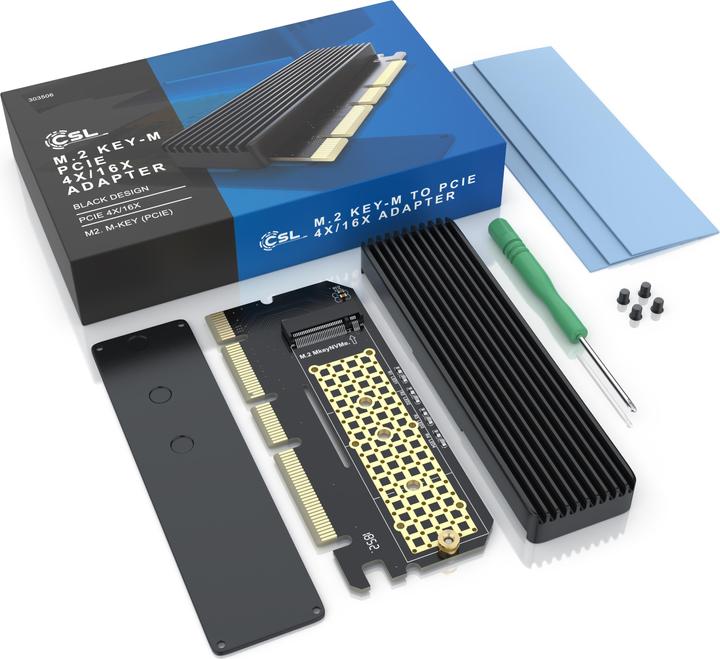 Produktbild CSL PCIe Karte, Erweiterungskarte für M.2 Key-M SSDs, NVMe Standard, SSD Adapterkarte, PCIe x4 oder x16
