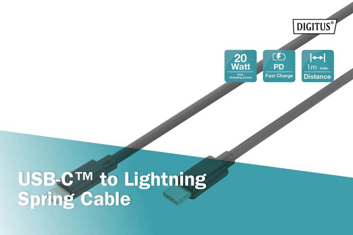 Produktbild Digitus USB 2.0 - USB - C auf Lightning Spiralkabel (1 m, USB 2.0)