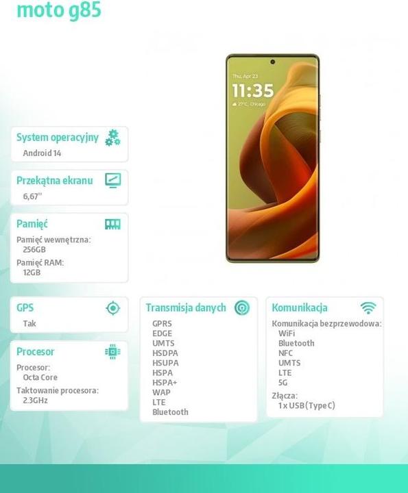 Image du produit Motorola Moto G85 (256 Go, Vert olive, 6.67", Double SIM, 50 Mpx, 5G)