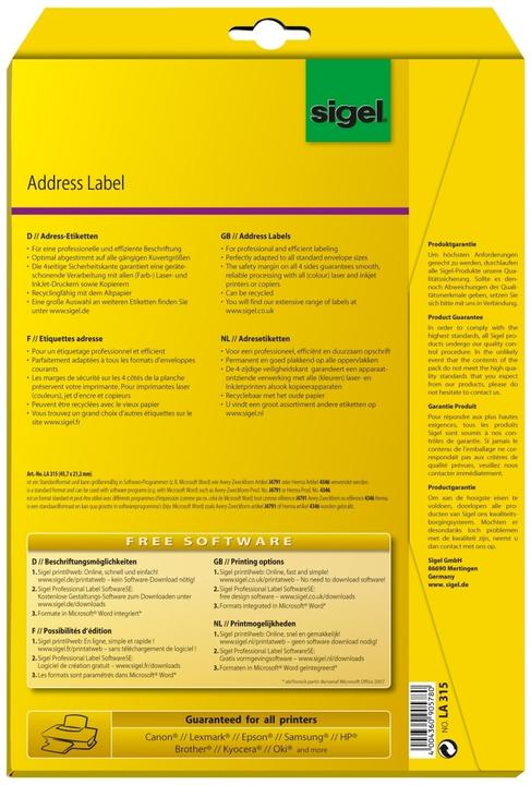 Nutritional values and ingredients Sigel Address labels
