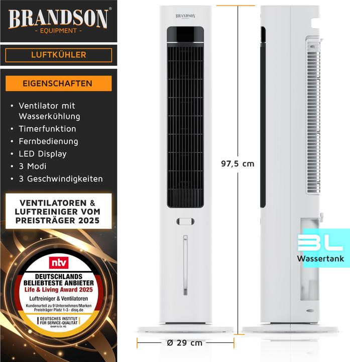 Produktbild Brandson Mobiler Luftkühler, Luftbefeuchter, Verdunstungskühler, 3 Modi, Timer, Lüfter, Klimagerät 55W