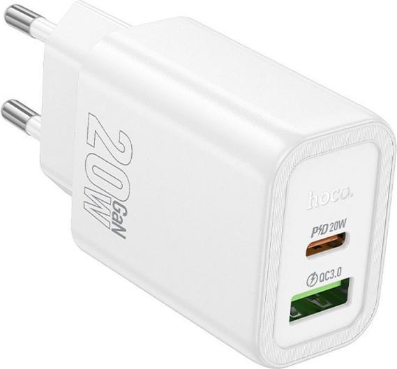 Actual product image Hoco Adapter wall charger USB A + Type C PD QC3.0 3A 20W N61 white (20 W)