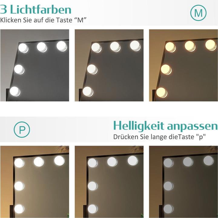 Produktbild Emke Hollywood Kosmetikspiegel mit 12 Lampen, 1X+7X Vergrösserung, 3 Farbtemperatur, 36*47cm, Schwarz