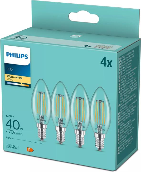 Actual product image Philips LED lamp E14 set of 4 40W 2700K filament candle shape (E14, 4.30 W, 470 lm, 4 x, F)