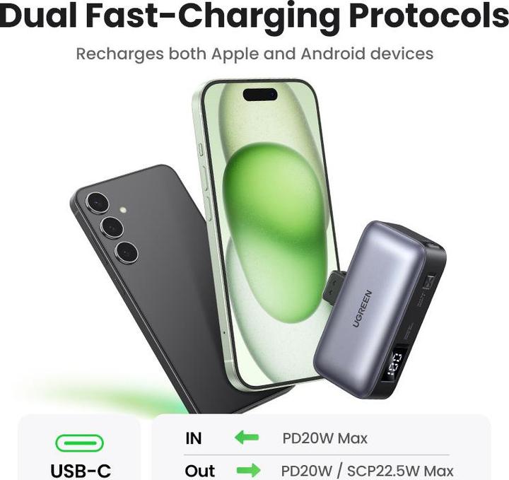 Actual product image Ugreen 5000mAh Power Bank with Built-in USB-C Connector (5000 mAh, 22.50 W, 18 Wh)