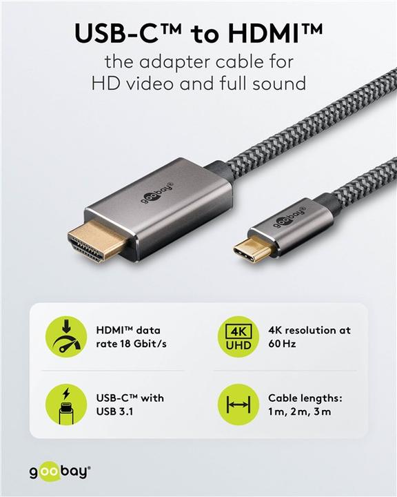 Produktbild Goobay USB-C-auf-HDMI-Textilkabel 4K @ 60 Hz, 1 m, schwarzsilber (1 m, USB Typ C)