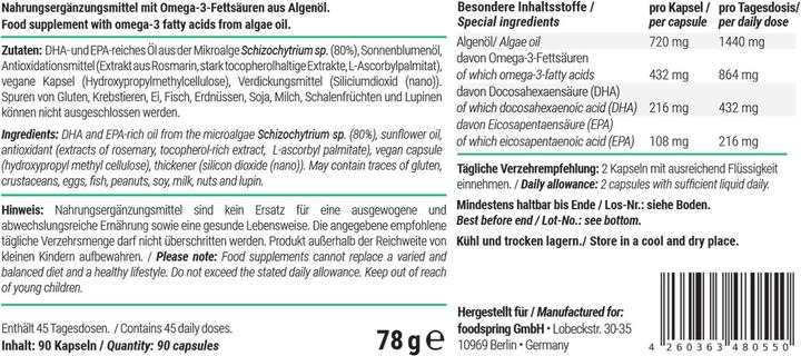 Nutritional values and ingredients Foodspring Omega 3 capsules (90 Piece, Capsules, 78 g)