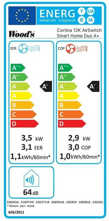 Energie-Label Wood's AC Cortina (40 m², 12000 BTU/h)