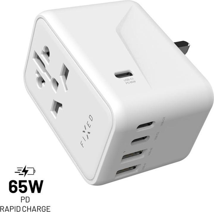 Actual product image Fixed Voyager 65 W travel adapter for EU, UK and USA/AUS, with 3xUSB-C and 2xUSB output, GaN, PD 65W, whit