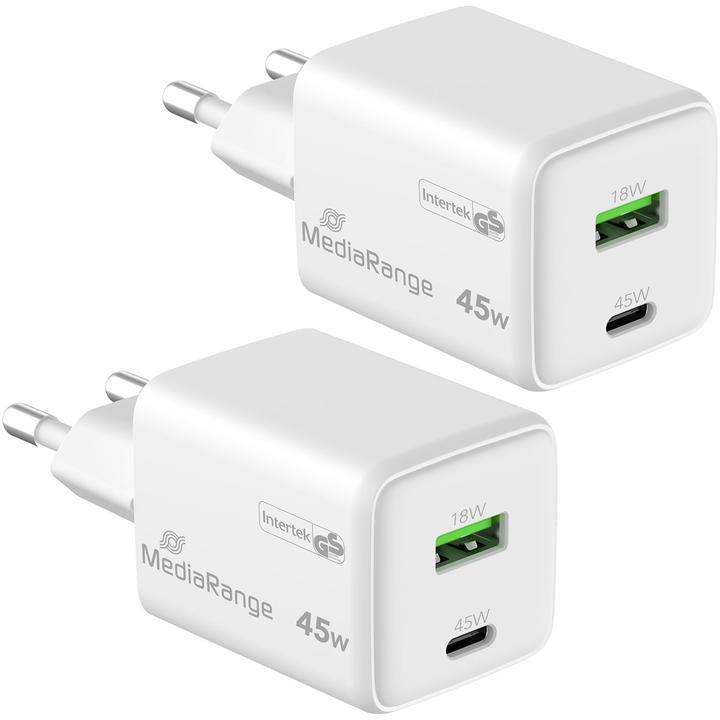 MediaRange 2er-Set Dual Schnellladeadapter, GaN, 1x USB-C und USB-A, PD & QC, 45 Watt, weiss (45 W)