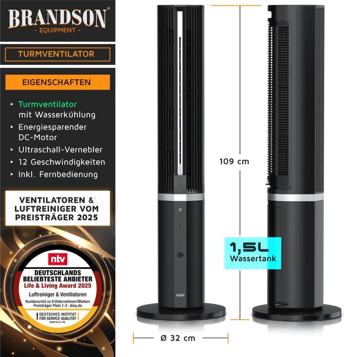 Produktbild Brandson Turmventilator mit Wasserkühlung, Luftkühler, Eco DC-Motor 55W, Timer, Oszillation, leiser Lüfter (53.50 dB)