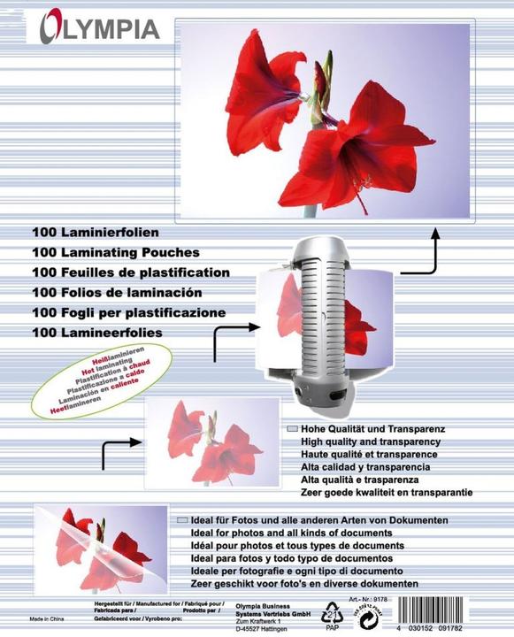 Image du produit Olympia Feuilles de plastification (A6, 100 pièce(s), 125 µm)