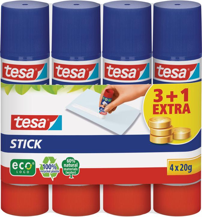 tesa 4x Klebestift ecoLogo, geruchsneutraler Klebstick für Papier / Pappe