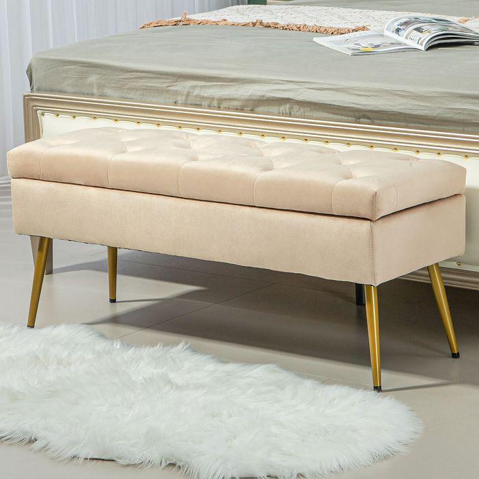 Produktbild Swisshandel24 Sitzbank Polsterbank mit Stauraum Bettbank mit Samtoptik für Flur Metall Beige (35 cm)