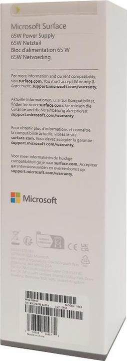 Valori nutrizionali e ingredienti Microsoft Alimentatore di superficie da 65W per aziende (CH, DE, AT, FR, BEL, NLD, Eng. Intl.) (65 W)