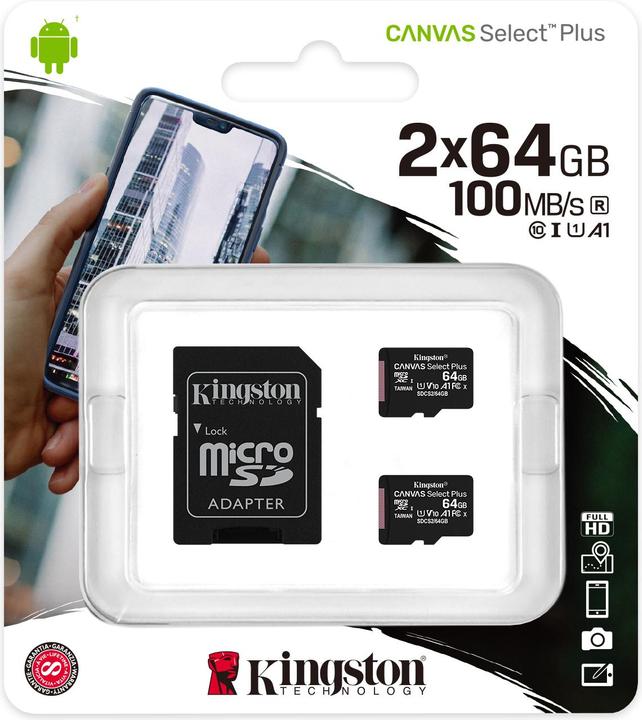 Actual product image Kingston Canvas Select Plus microSD 64GB (64 GB, microSDXC, U3, UHS-I)