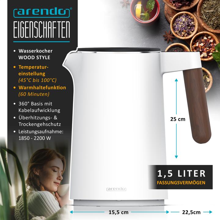 Immagine prodotto Arendo Wasserkocher 1,5 L Edelstahl, Warmhaltefunktion, Temperatureinstellung, Griff in Holzoptik, 2200 W (1.50 l)