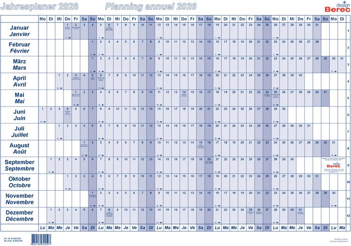 Actual product image Berec Paper annual plan A2 B 5602/20 2020, blue (Special, German, French)