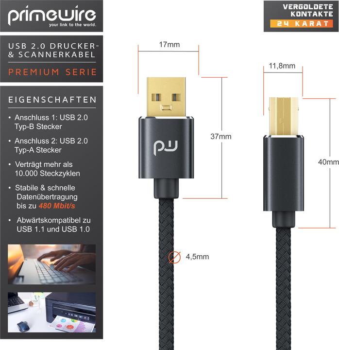Immagine prodotto Primewire Cavo USB 2.0, cavo per stampante da tipo A a tipo B, cavo per scanner con guaina in nylon, spina in (1 m, USB 2.0)