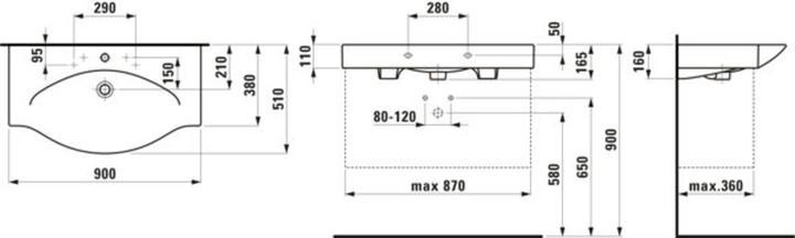 Immagine prodotto Laufen Palace lavabo sottopiano, 1 foro per rubinetto, con sfioratore, 900x510 mm, bianco, H81170200 (985 mm, 230 mm)