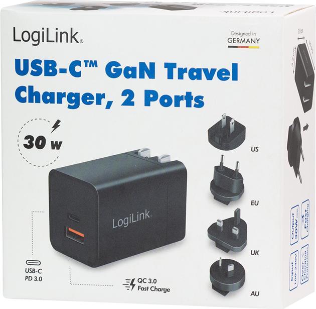 Produktbild LogiLink USB-Steckdosenreiseadapter, 1x USB-A, 1x USB-C, GaN-Technologie, 30 W (30 W)