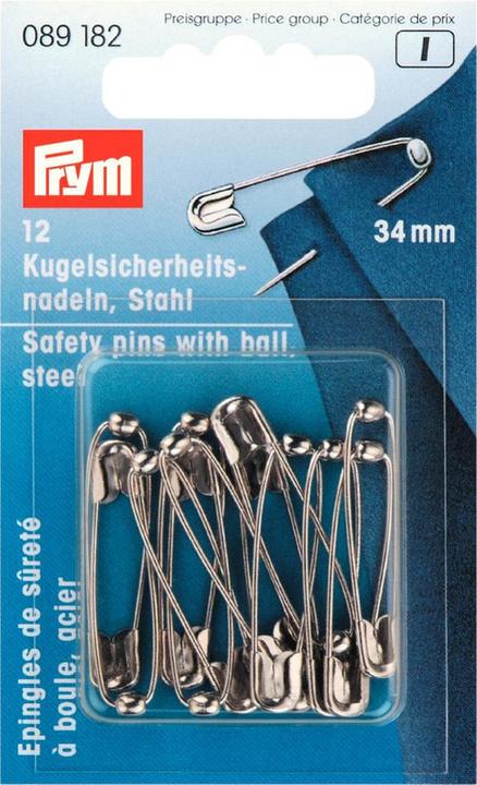 Image du produit Prym Épingles de sûreté à tête sphérique, argent n° 1, 34 mm, carte 12 pcs, acier